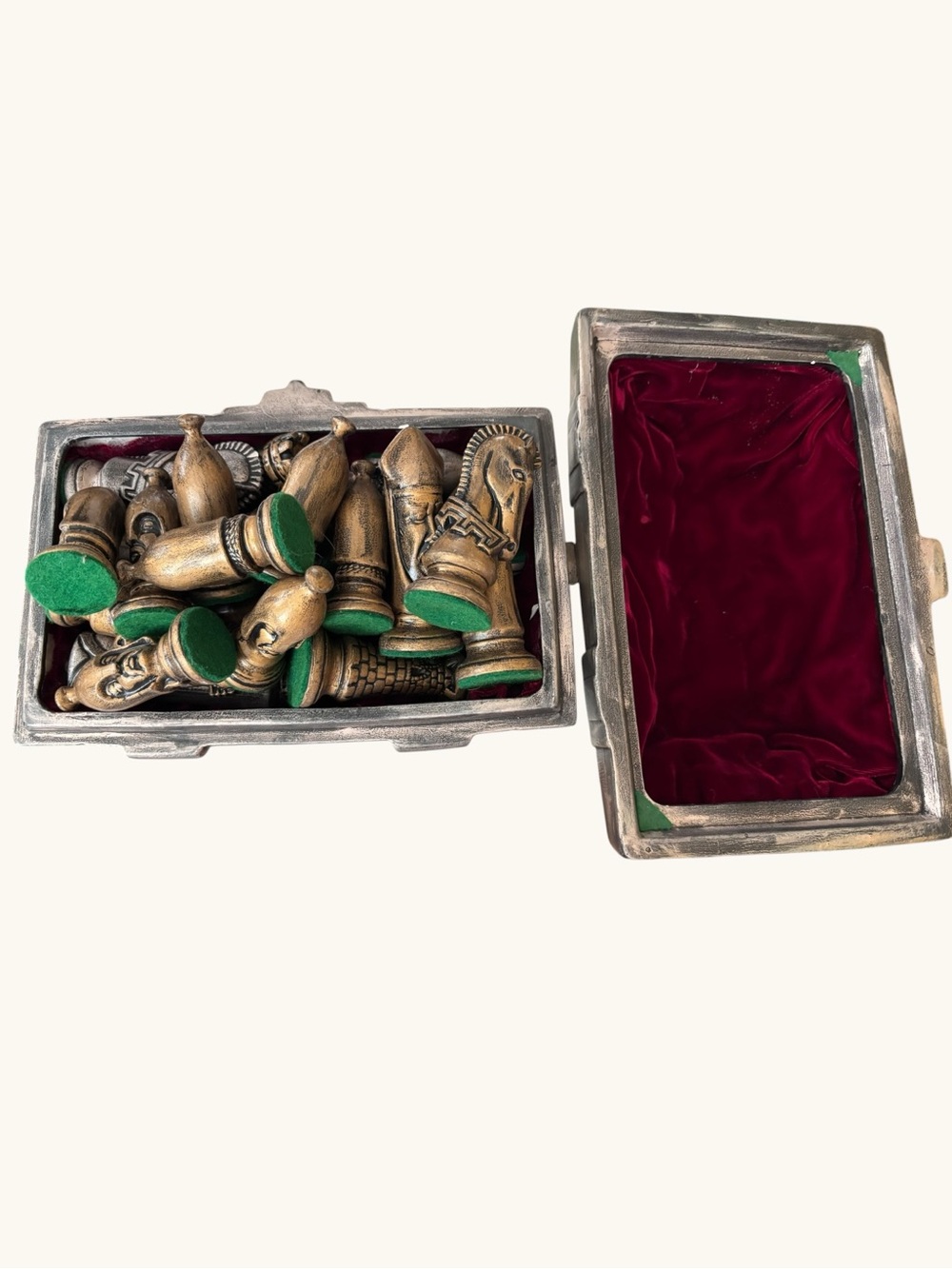 Vintage Atlantic Mold ceramic chess pieces with antiqued gold and silver finish.